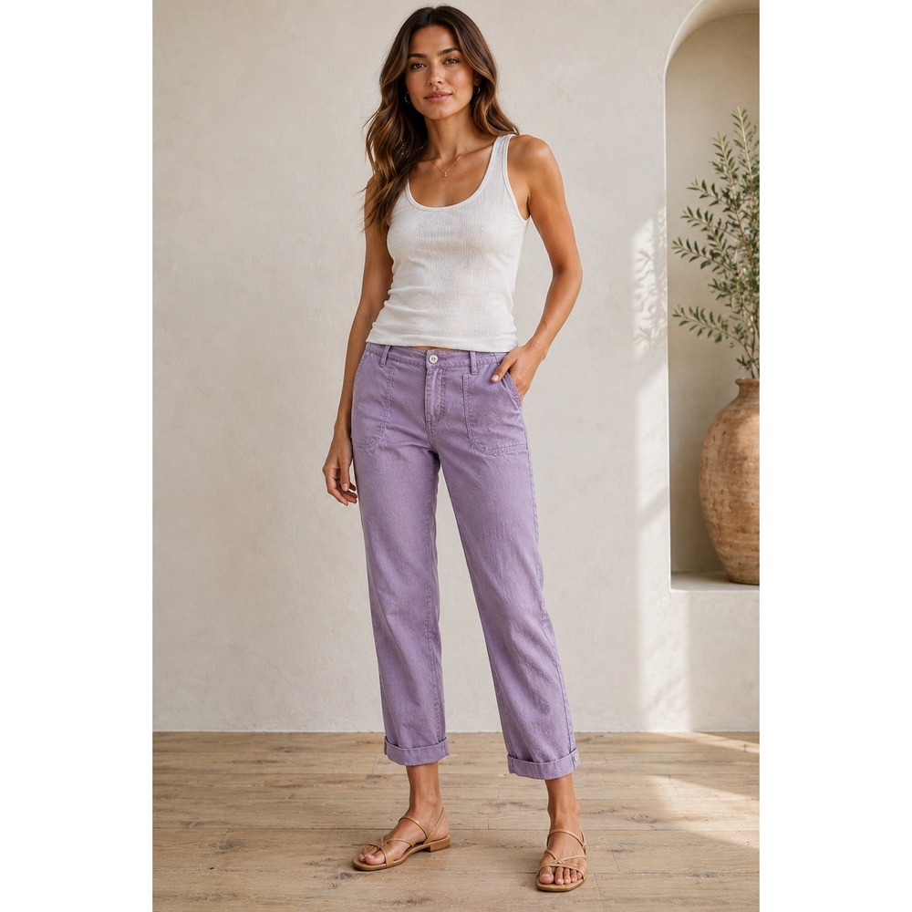 Level 99 Women Purple Linen Tencel Blend Convertible Roll Tab Pants Size 30